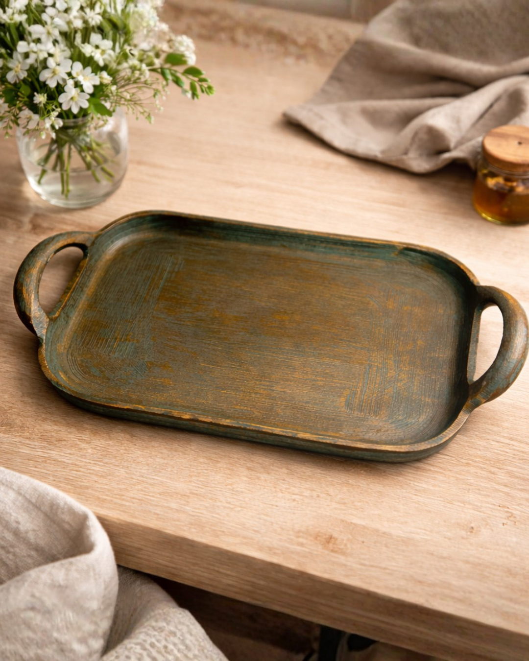 Antique Hand-Painted Aluminum Serving Tray