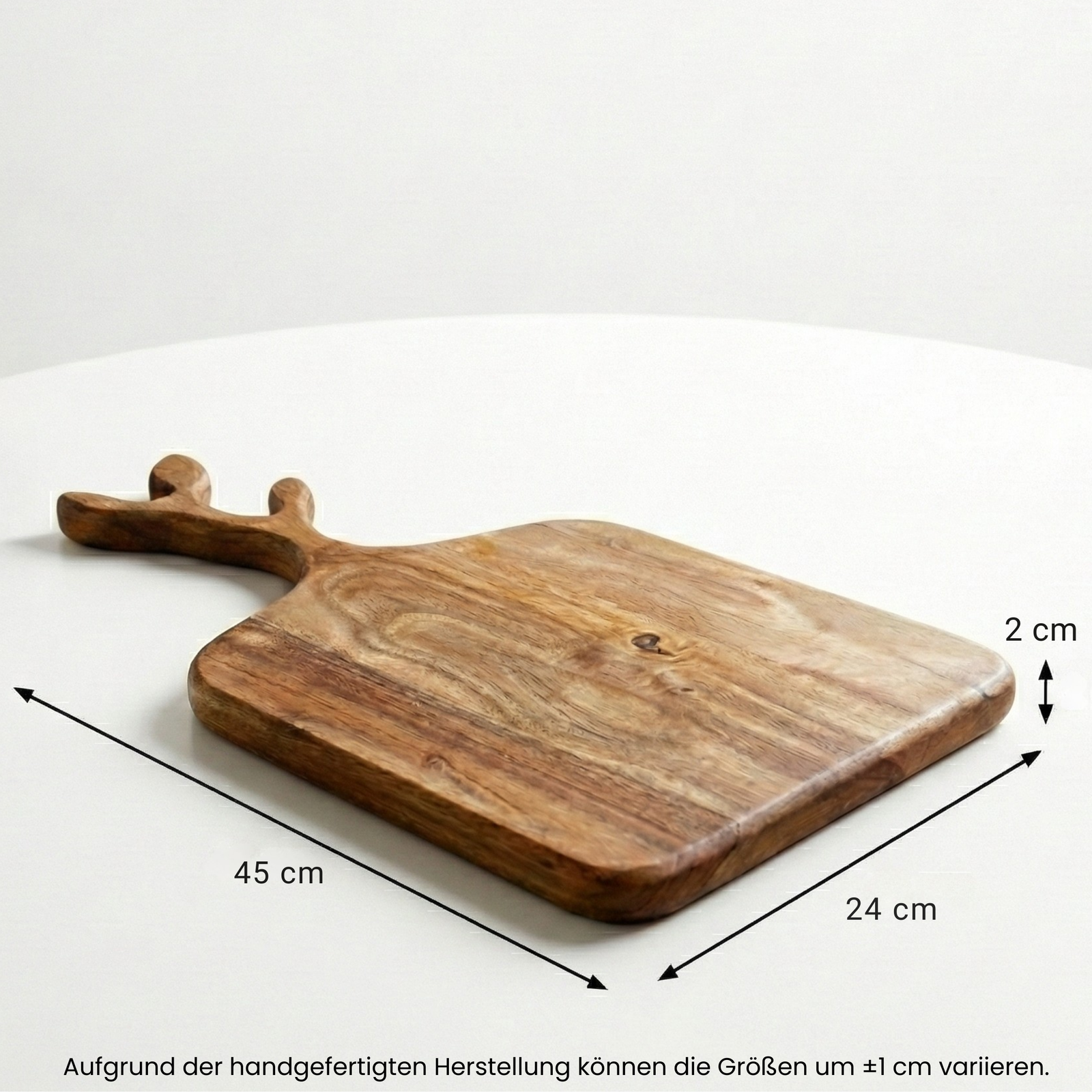 Schneidebrett aus Mangoholz mit Griff aus Hirschgeweih