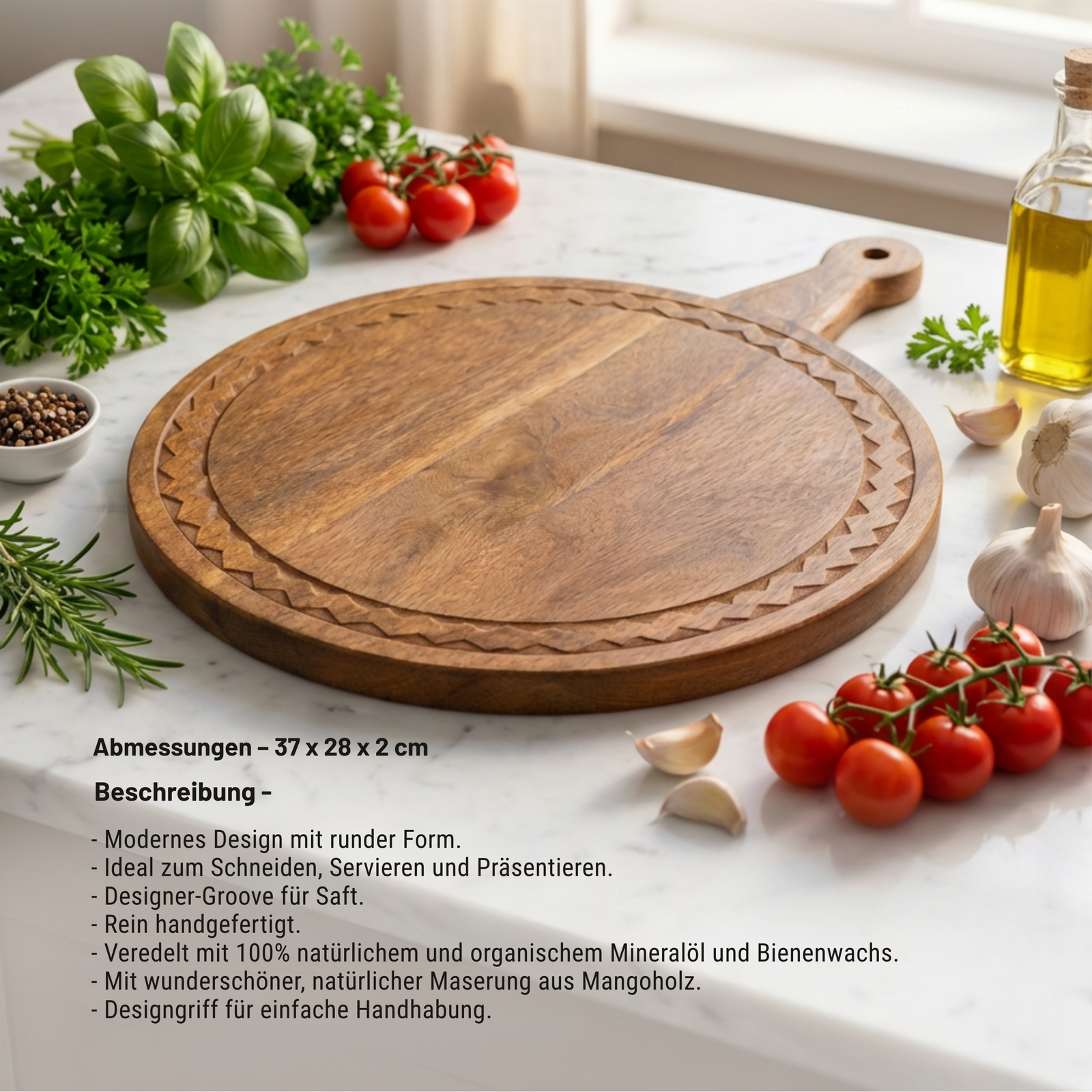 Round Mango Wood Chopping Board with Handle