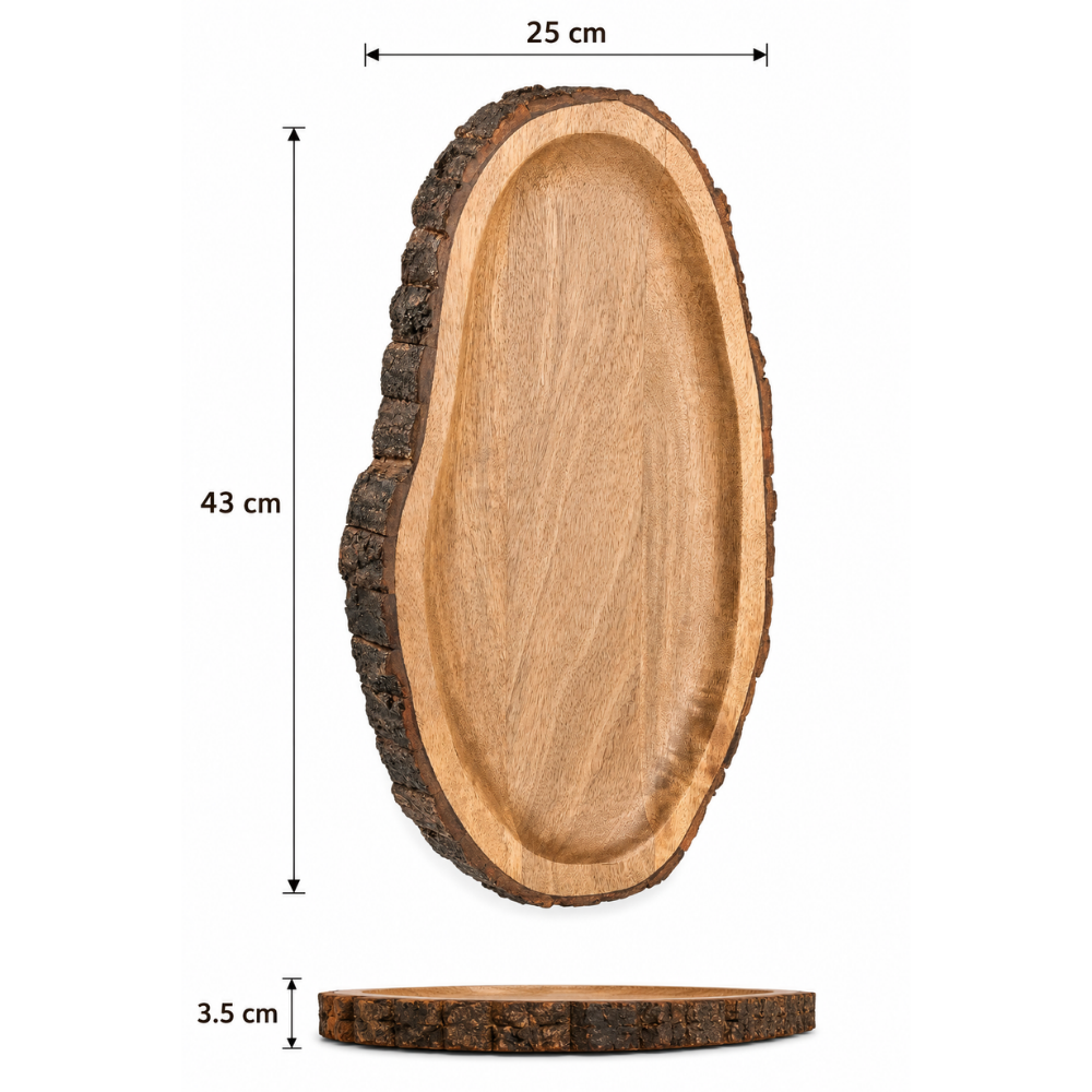Large Oval Mango Wood Serving Platter with Natural Bark Edge