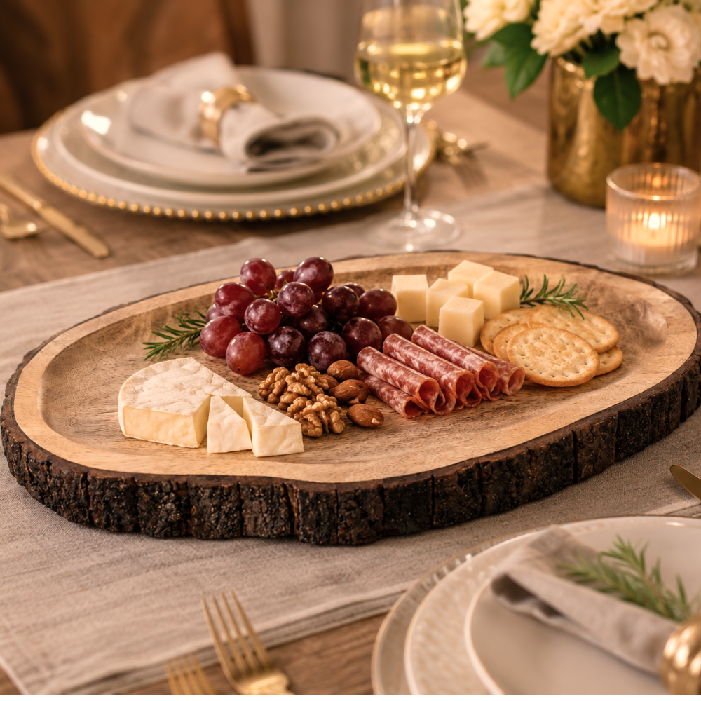 Large Oval Mango Wood Serving Platter with Natural Bark Edge