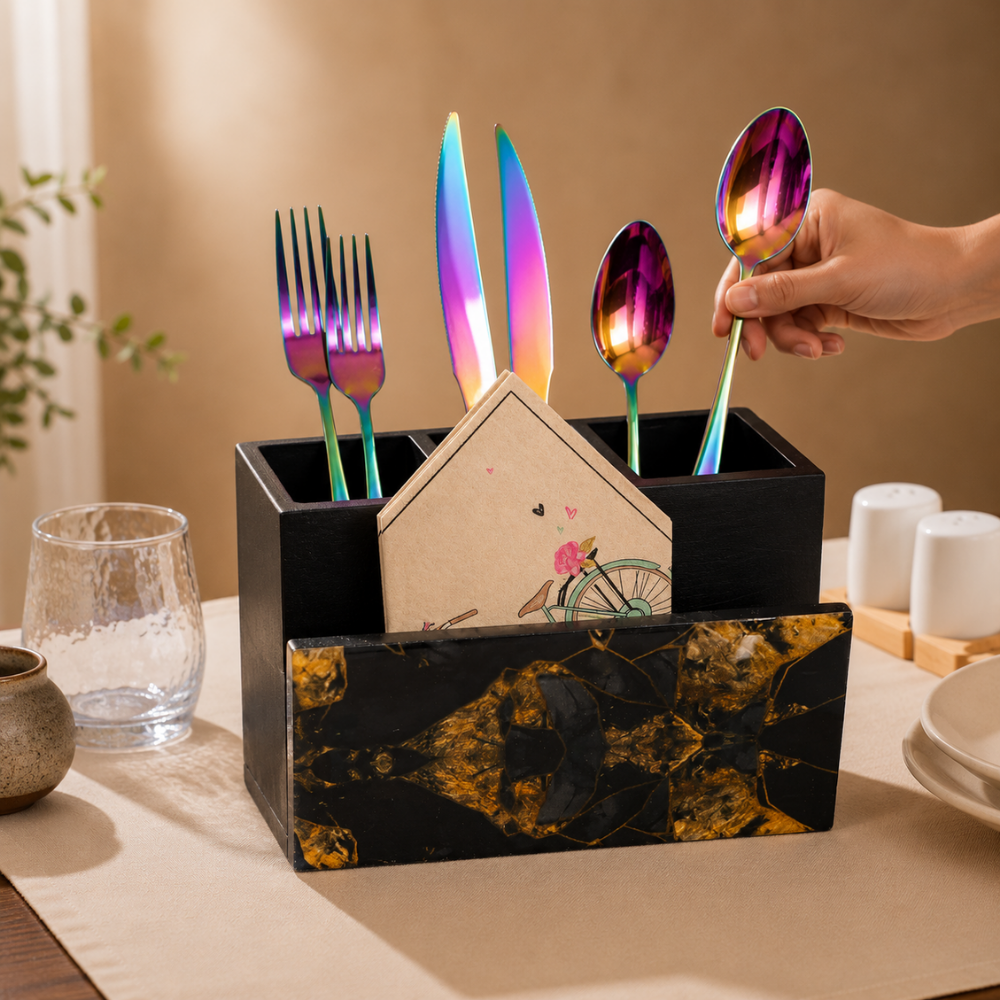 Wooden Cutlery & Napkin Holder – Enamel Kitchen Organizer