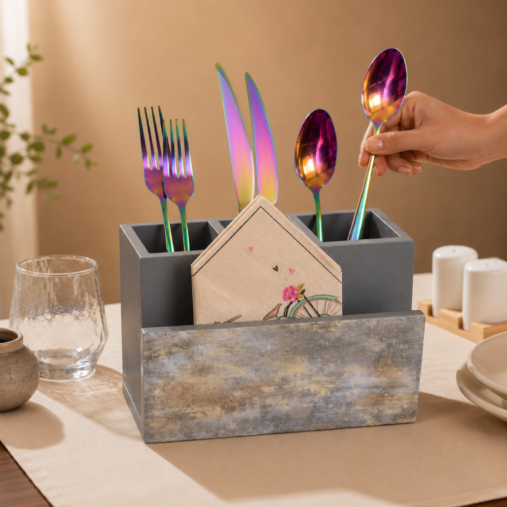 Wooden Cutlery & Napkin Holder – Enamel Kitchen Organizer