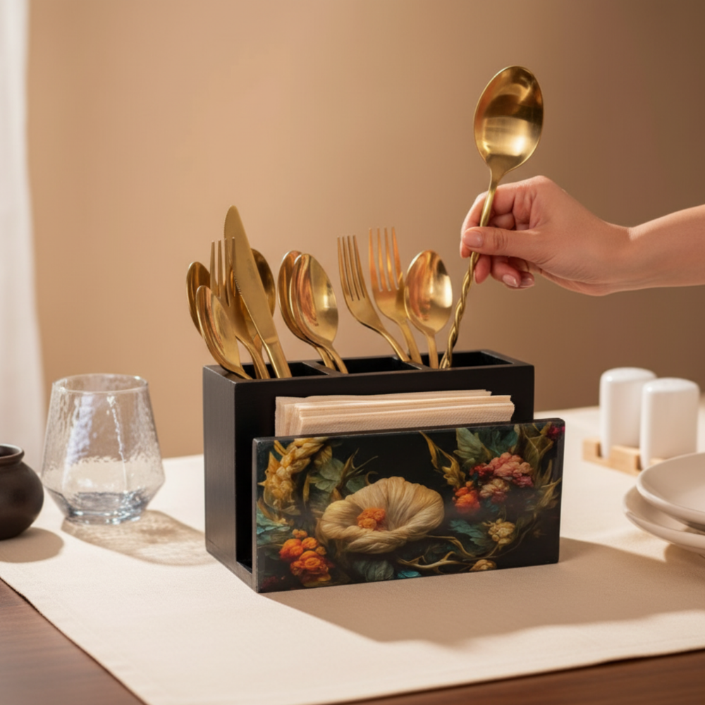 Wooden Cutlery & Napkin Holder – Enamel Kitchen Organizer