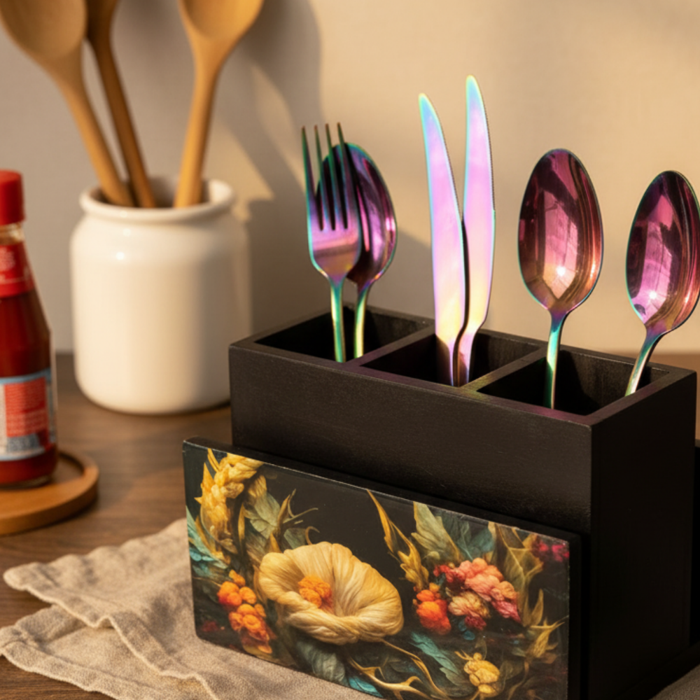 Wooden Cutlery & Napkin Holder – Enamel Kitchen Organizer