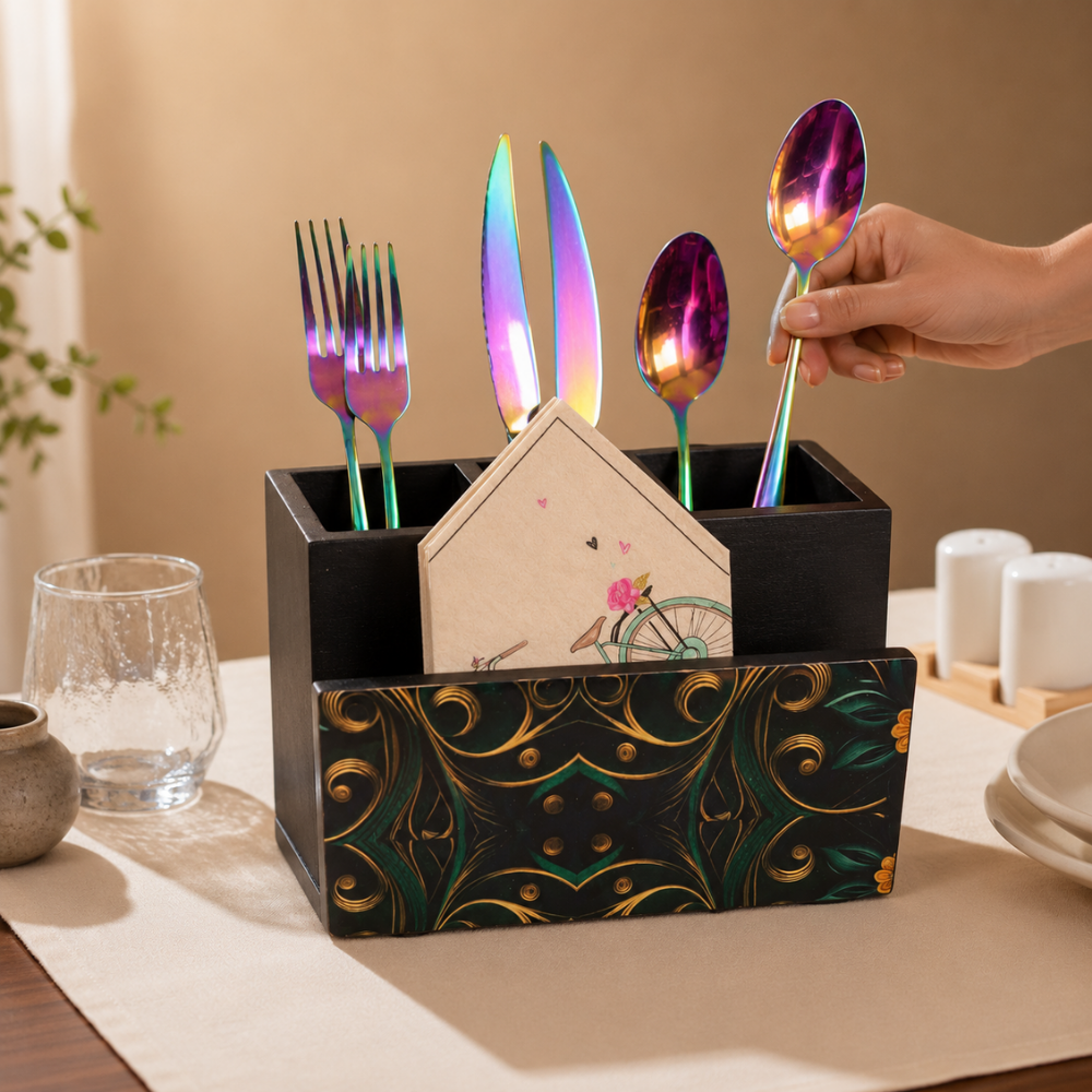 Wooden Cutlery & Napkin Holder – Enamel Kitchen Organizer